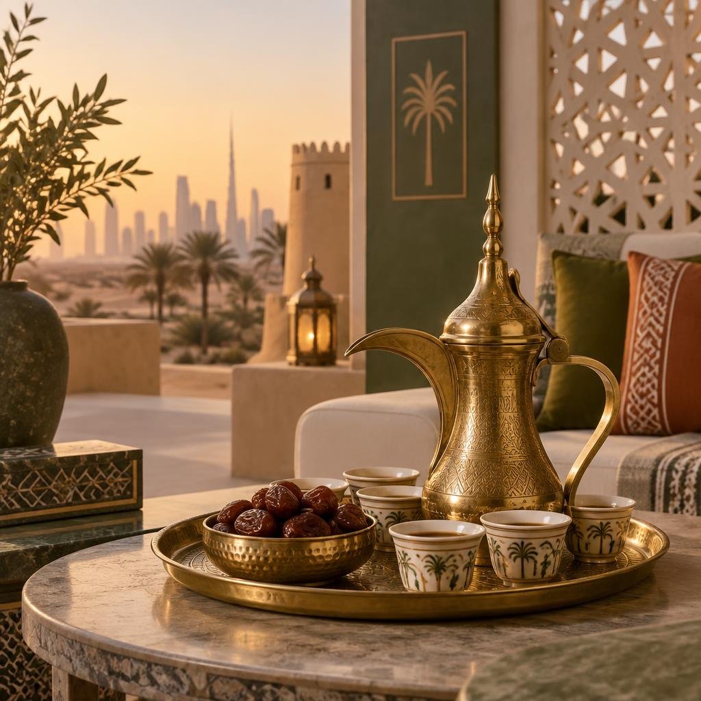 ضيافة إماراتية تقليدية مع قهوة وتمور