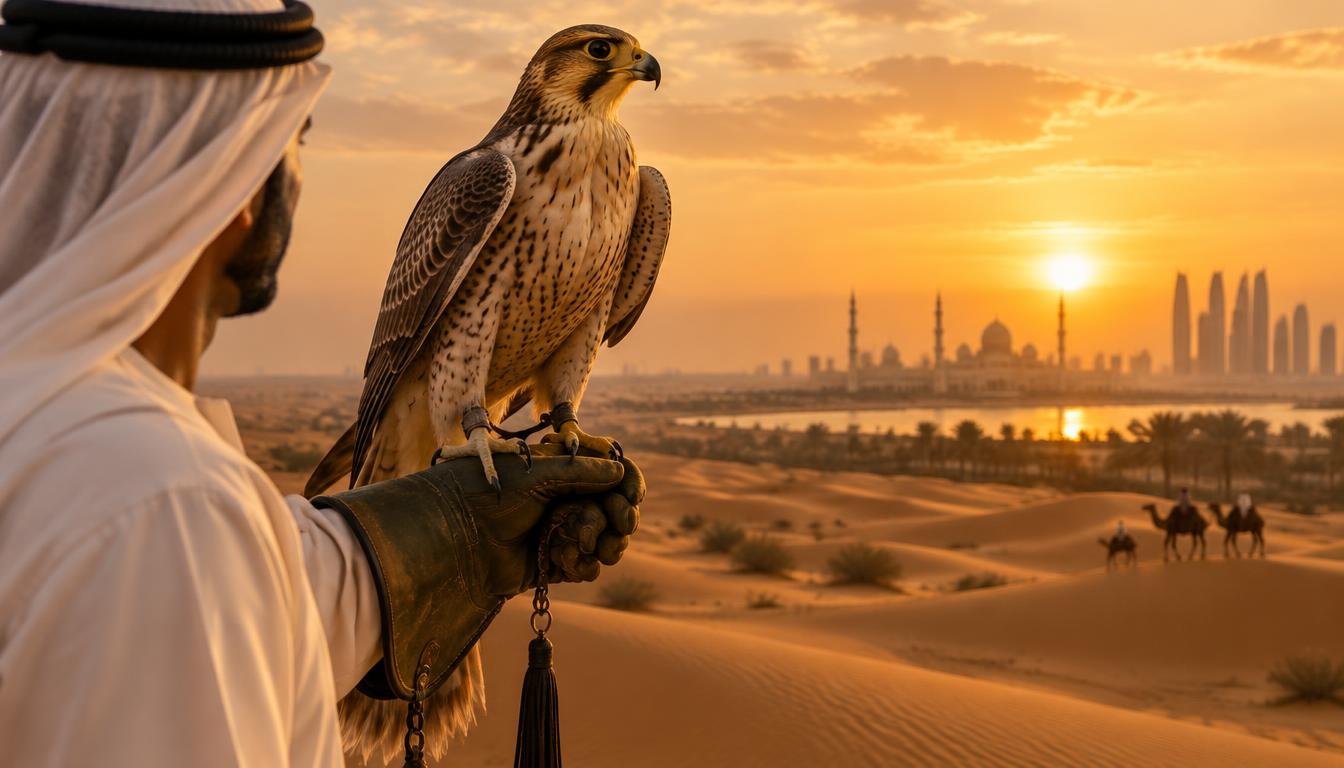 صقر إماراتي على يد صياد في صحراء أبوظبي